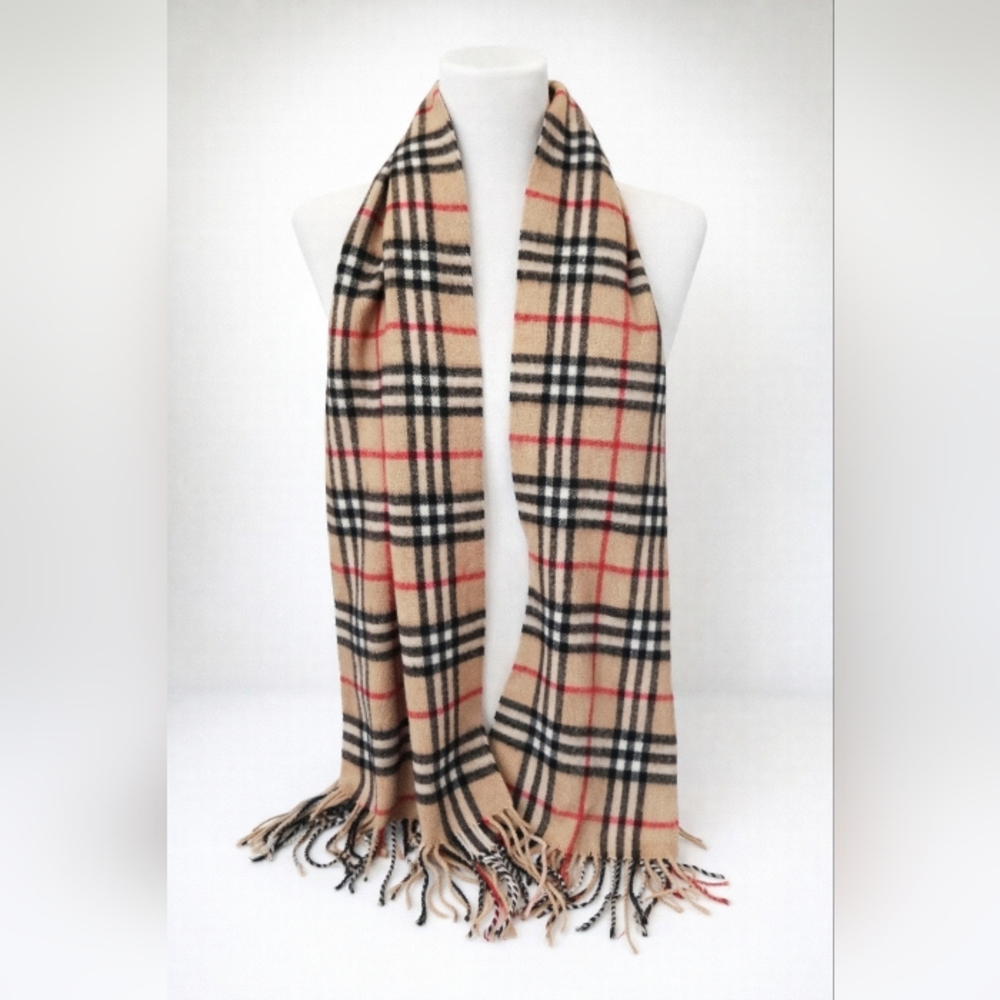 Authentic Burberry London 100% Cashmere Nova Checkered Scarf in Tan, Red, Black - Picture 4 of 4